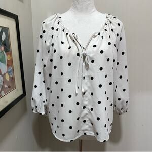 Versona Polka Dot Women's Top Size Large White and Black Drawstring Neckline